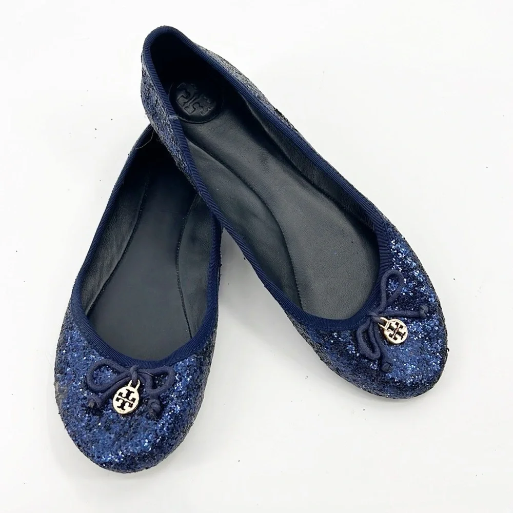Tory Burch Chelsea Glitter Ballet Flats Navy Blue Size 8.5